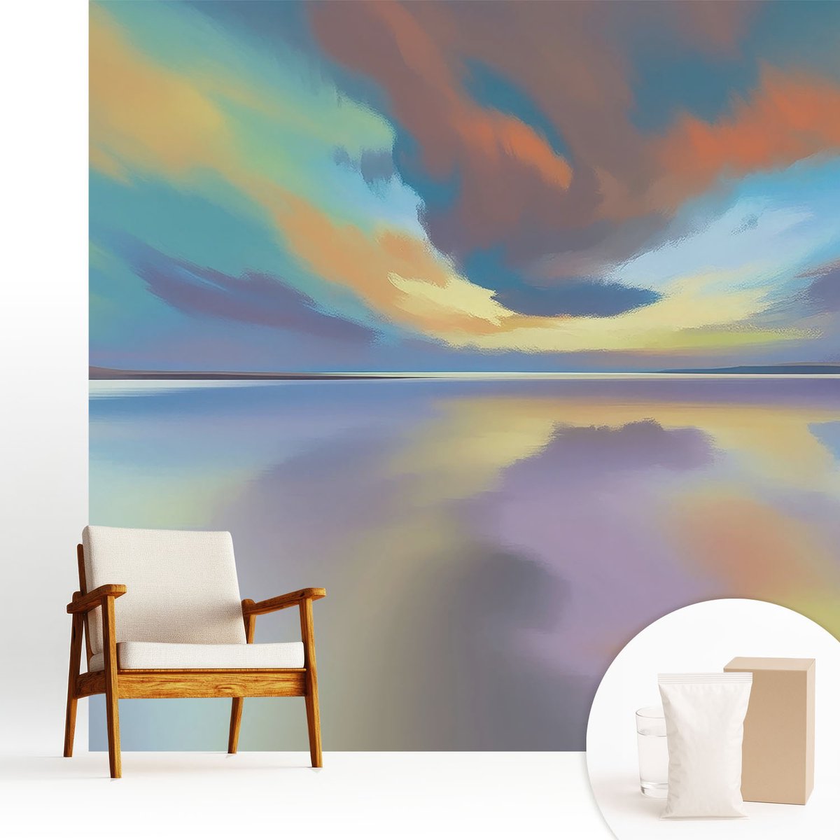 Wallfluent Fotobehang - Blauw Vliesbehang - 250x250 cm - Regenboogzonsondergang Muurschildering - Slaapkamer behang Landschappen - Fotobehang Vlies - Slaapkamer behang