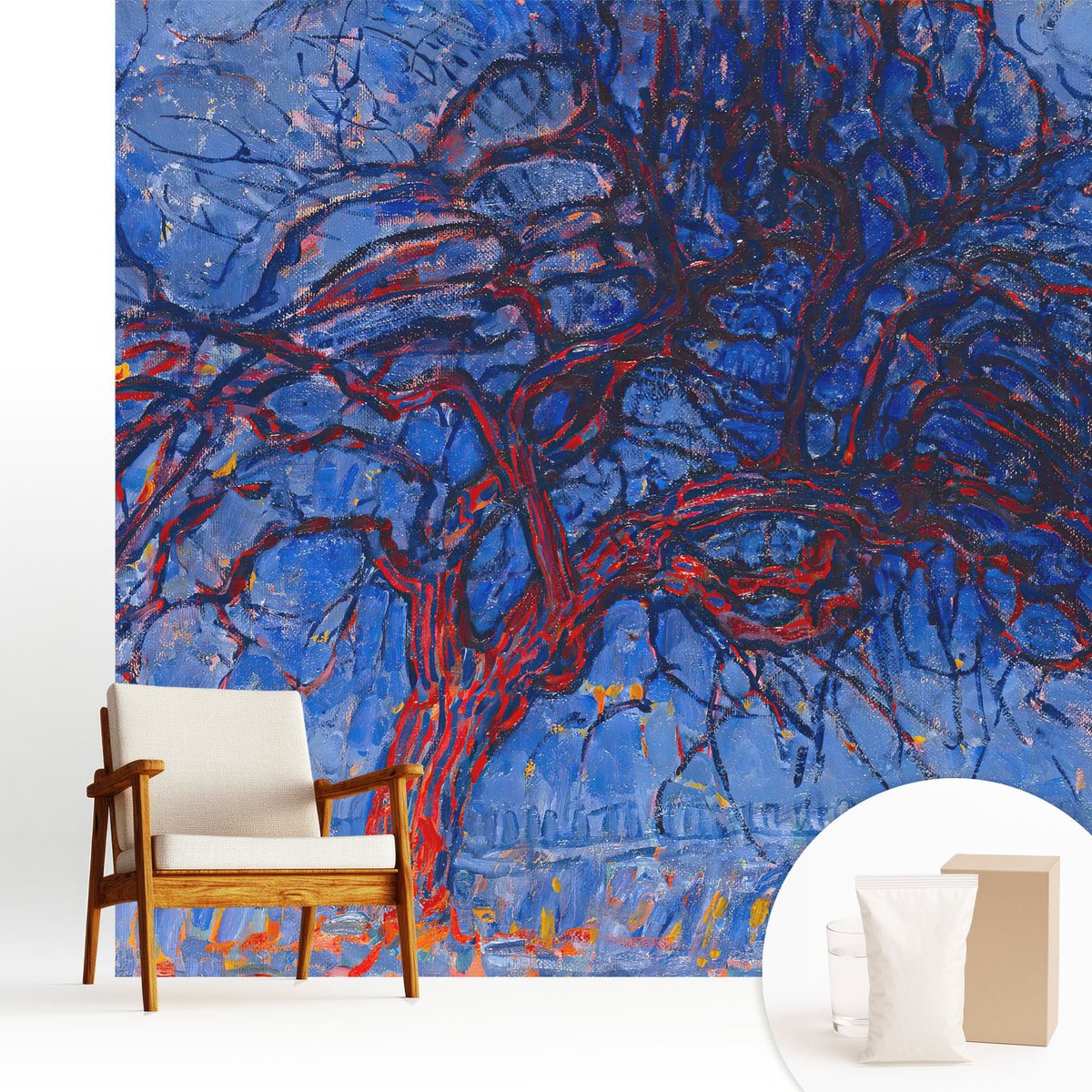 Wallfluent Fotobehang - Blauw Vliesbehang - 250x250 cm - Vlammenboom Muurschildering - Gang behang Deel - Fotobehang Vlies - Slaapkamer behang