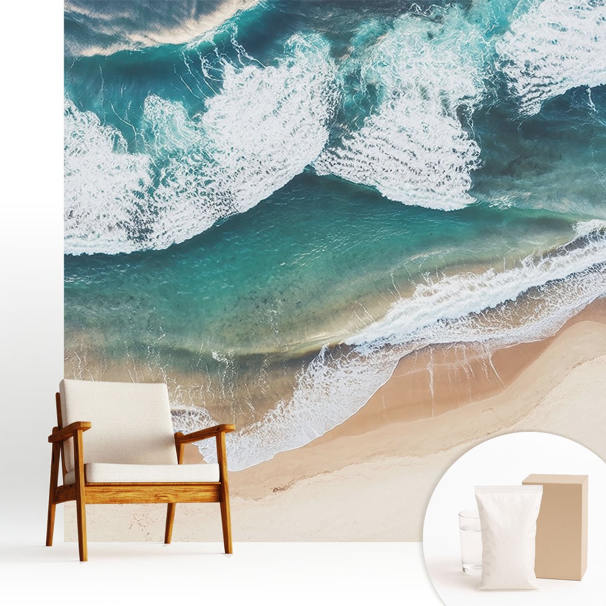 Wallfluent Fotobehang - Blauw Vliesbehang - 250x250 cm - Zeegolven Fotobehang Vlies - Hal behang Landschappen - Muurschildering - Woonkamer behang