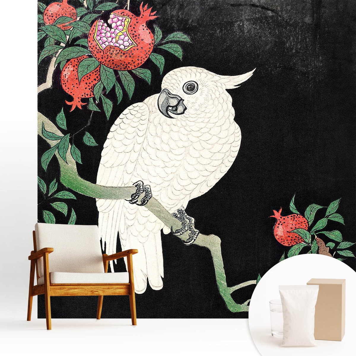 Wallfluent Fotobehang - Zwart Vliesbehang - 250x250 cm - Granaatappelpapegaai Muurschildering - Slaapkamer behang Dieren - Fotobehang Vlies - Slaapkamer behang