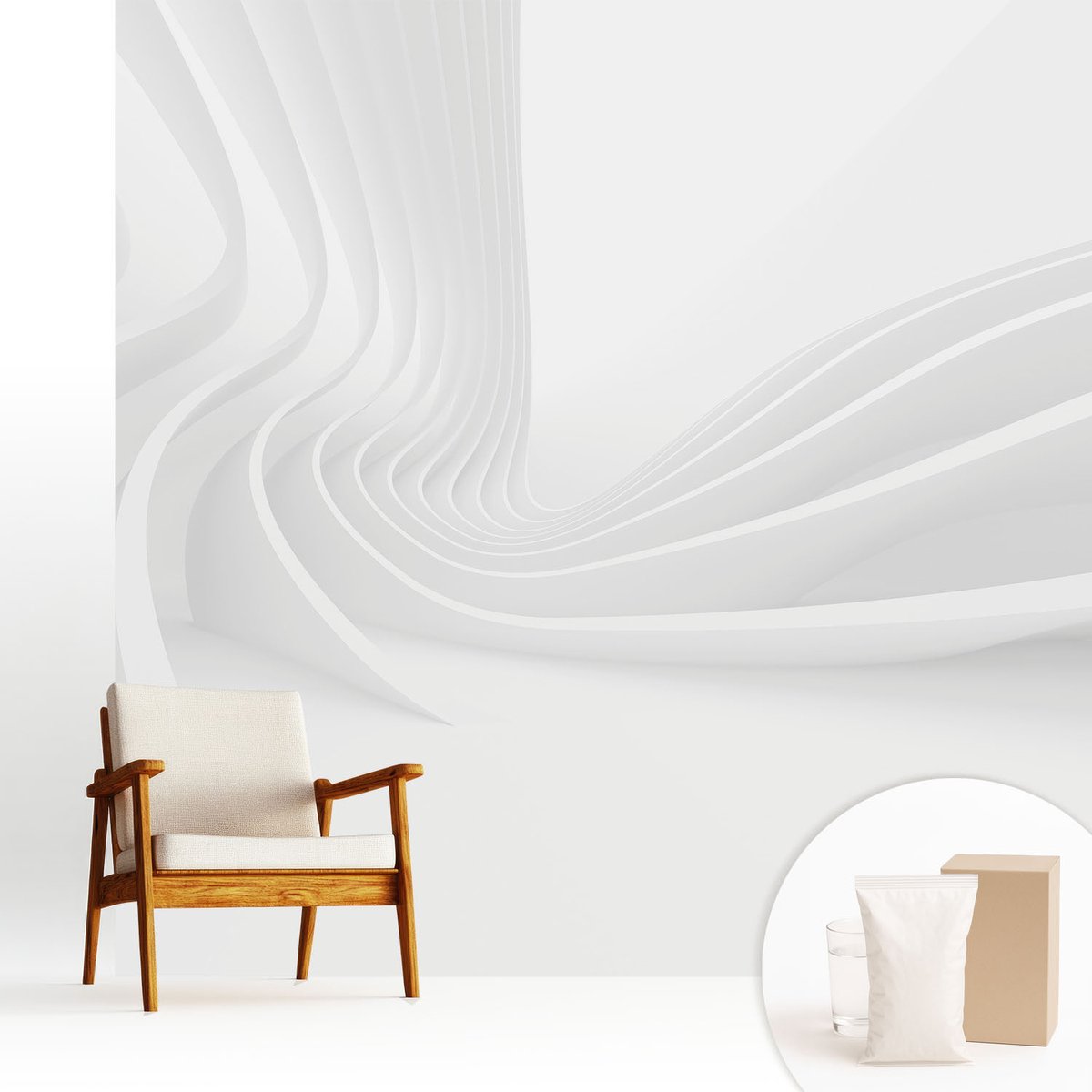 Wallfluent Fotobehang - Wit Vliesbehang - 250x250 cm - Golvende Lijnen Fotobehang Vlies - Woonkamer behang Abstractie - Muurschildering - Hal behang