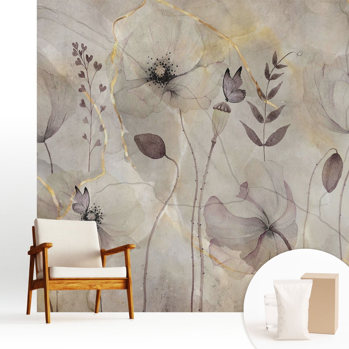 Wallfluent Fotobehang - Grijs Vliesbehang - 250x250 cm - Tere Bloemen Muurschildering - Gang behang Bloemen En Planten - Fotobehang Vlies - Gang behang