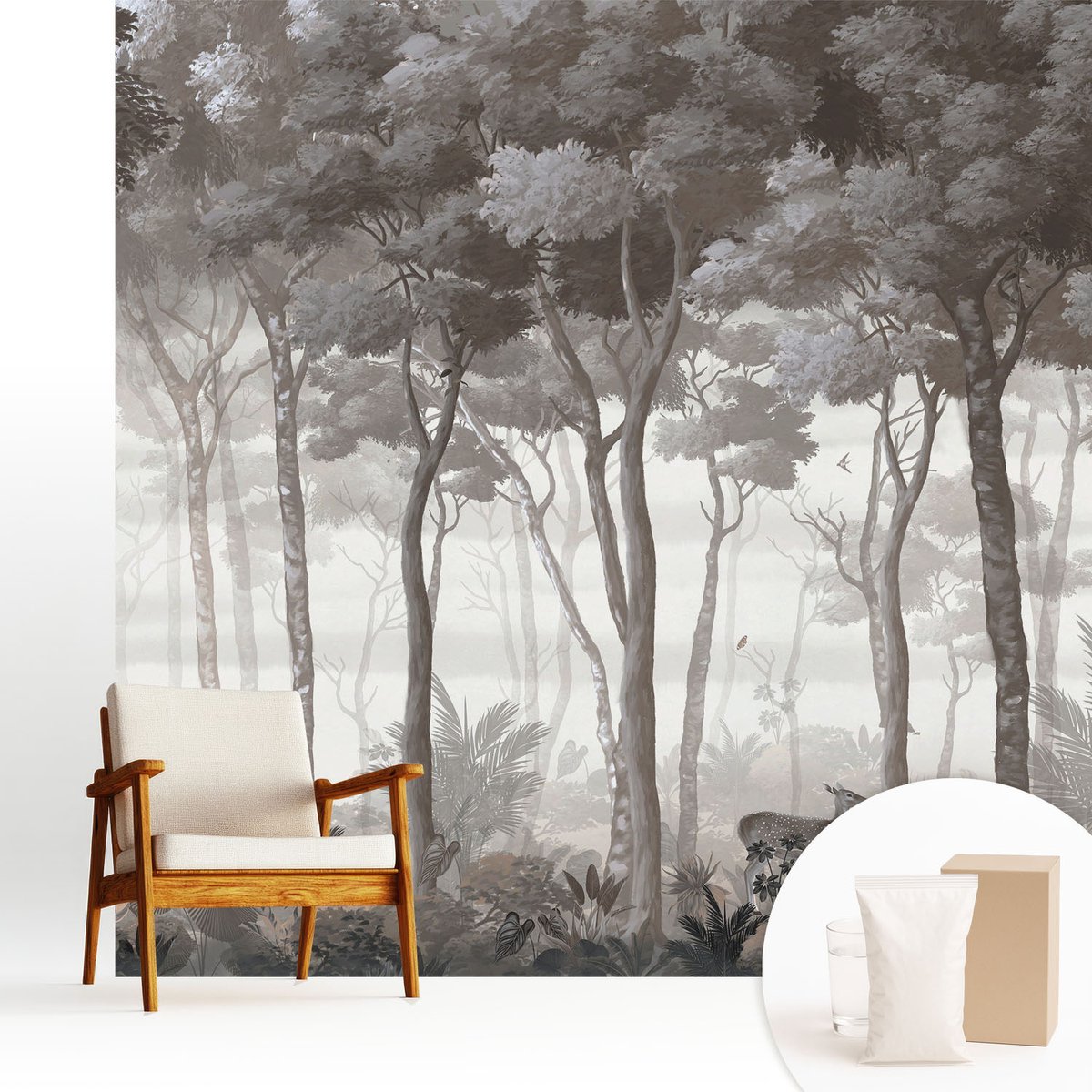 Wallfluent Fotobehang - Grijs Vliesbehang - 250x250 cm - Bosmagie Muurschildering - Gang behang Bloemen En Planten - Fotobehang Vlies - Slaapkamer behang