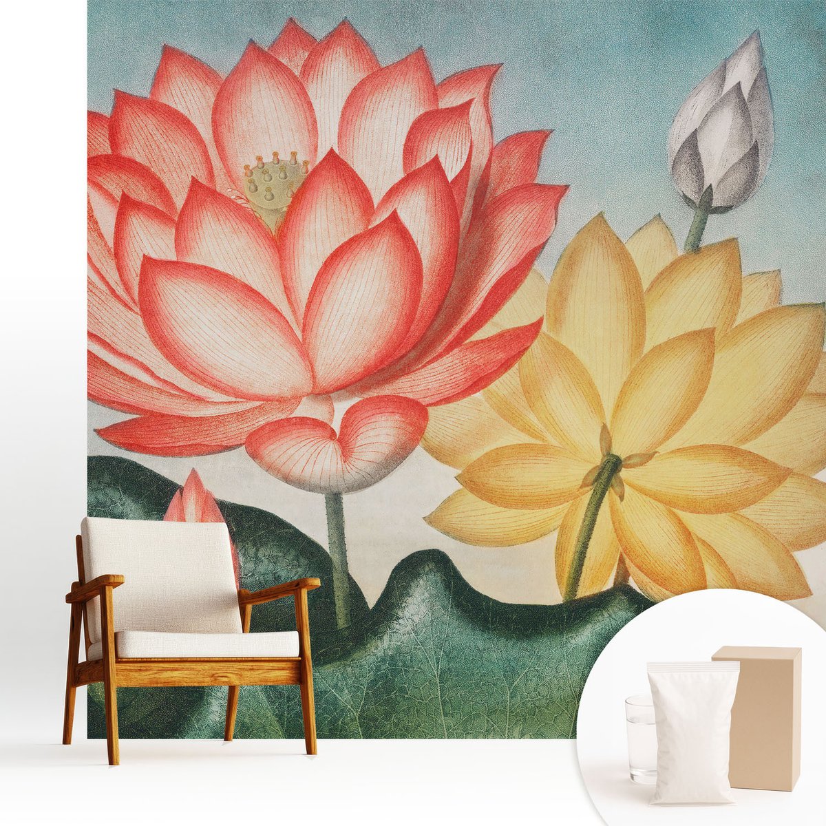 Wallfluent Fotobehang - Rood Vliesbehang - 250x250 cm - Lotusbloemen Muurschildering - Gang behang Bloemen En Planten - Fotobehang Vlies - Gang behang