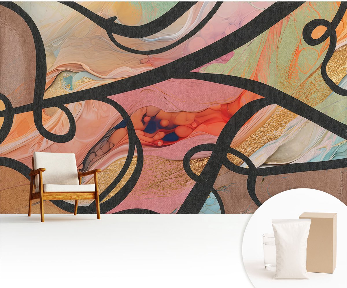 Wallfluent Fotobehang - Oranje Vliesbehang - 416x254 cm - Kleurrijke Beweging Fotobehang Vlies - Woonkamer behang Abstractie - Muurschildering - Hal behang