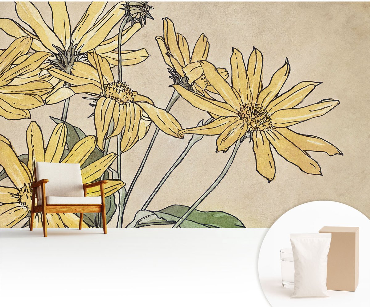 Wallfluent Fotobehang - Wit Vliesbehang - 416x254 cm - Aquarel Bloemen Muurschildering - Gang behang Bloemen En Planten - Fotobehang Vlies - Gang behang