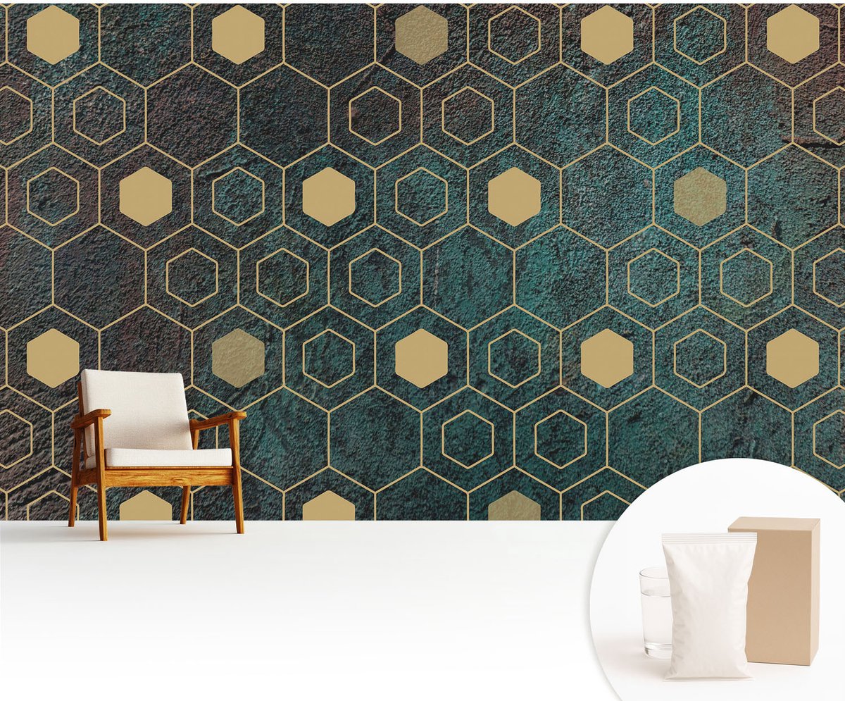Wallfluent Fotobehang - Groente Vliesbehang - 416x254 cm - Geometrische Zeshoeken Fotobehang Vlies - Woonkamer behang Achtergronden En Patronen - Muurschildering - Woonkamer behang