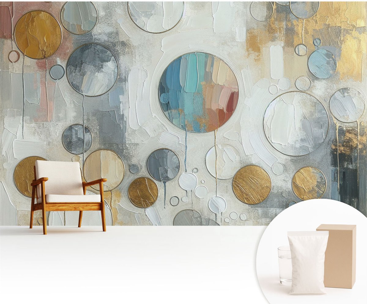 Wallfluent Fotobehang - Grijs Vliesbehang - 416x254 cm - Geometrische Cirkels Muurschildering - Slaapkamer behang Abstractie - Fotobehang Vlies - Slaapkamer behang