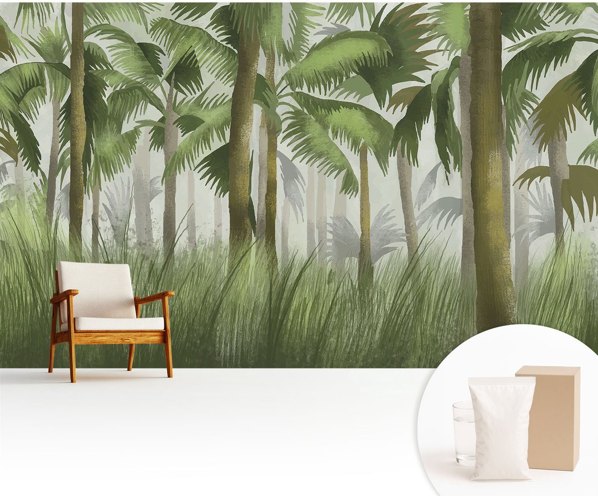 Wallfluent Fotobehang - Groente Vliesbehang - 416x254 cm - Tropisch Bos Fotobehang Vlies - Hal behang Bloemen En Planten - Muurschildering - Woonkamer behang