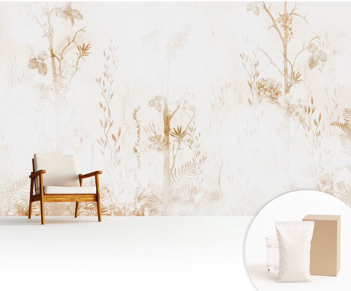 Wallfluent Fotobehang - Wit Vliesbehang - 416x254 cm - Botanische Elegantie Muurschildering - Slaapkamer behang Bloemen En Planten - Fotobehang Vlies - Slaapkamer behang