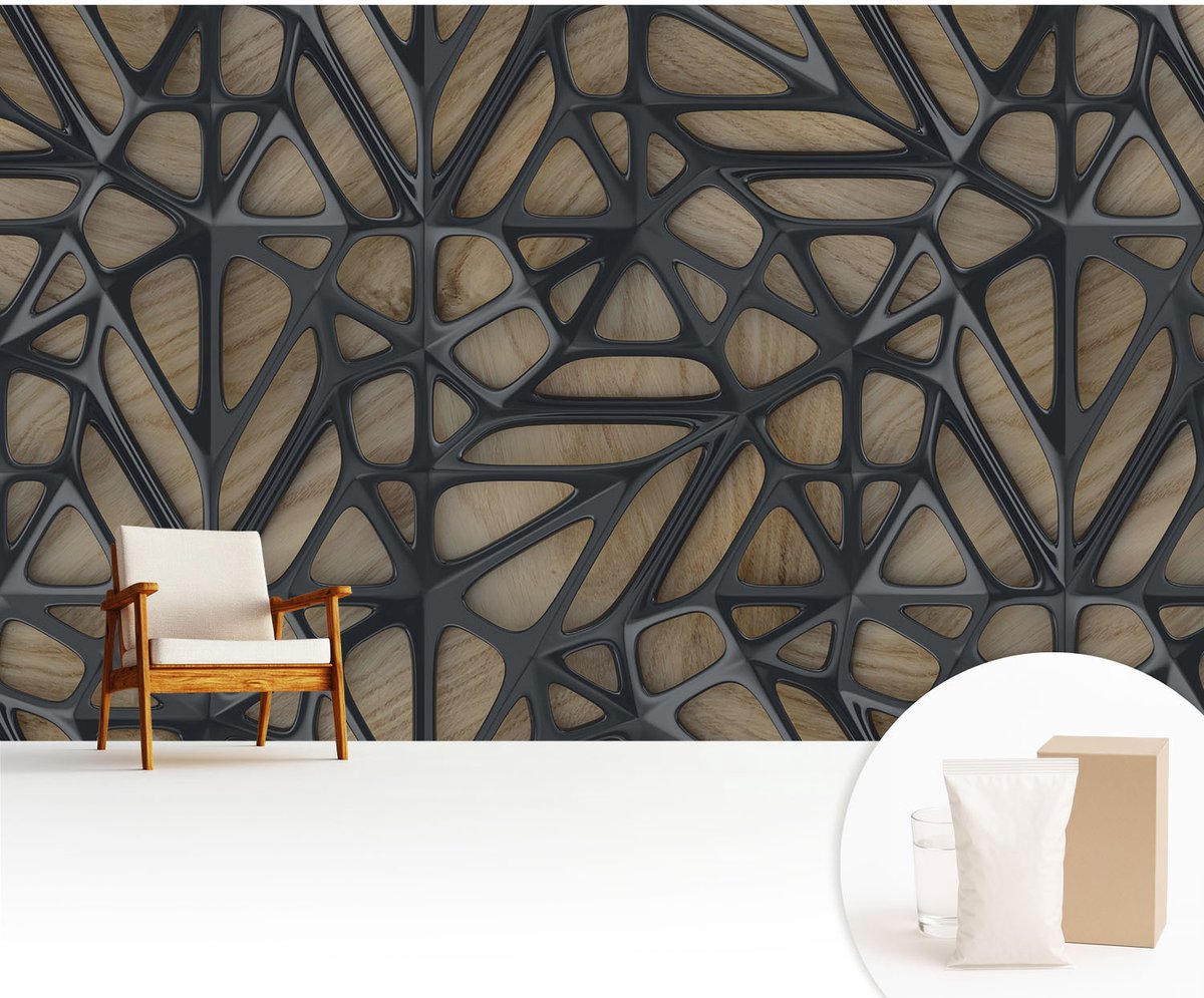 Wallfluent Fotobehang - Beige Vliesbehang - 416x254 cm - Houten Net Fotobehang Vlies - Hal behang Abstractie - Muurschildering - Woonkamer behang