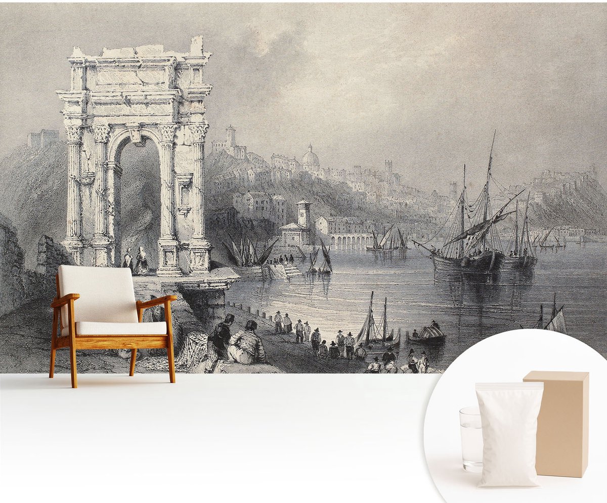Wallfluent Fotobehang - Grijs Vliesbehang - 416x254 cm - Zeegezicht Muurschildering - Slaapkamer behang Architectuur - Fotobehang Vlies - Gang behang