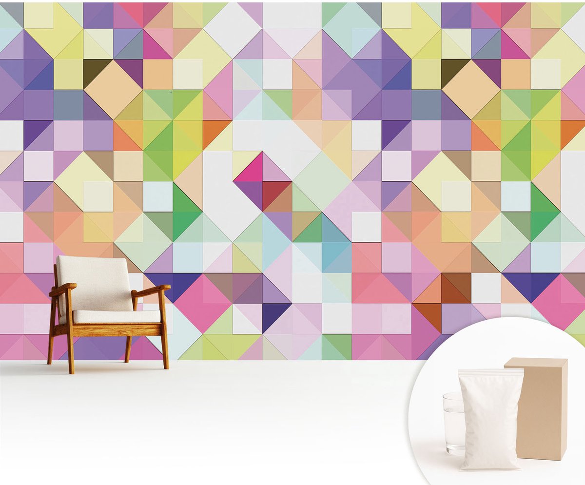 Wallfluent Fotobehang - Paars Vliesbehang - 416x254 cm - Kleurrijke Vormen Fotobehang Vlies - Hal behang Geometrie - Muurschildering - Woonkamer behang