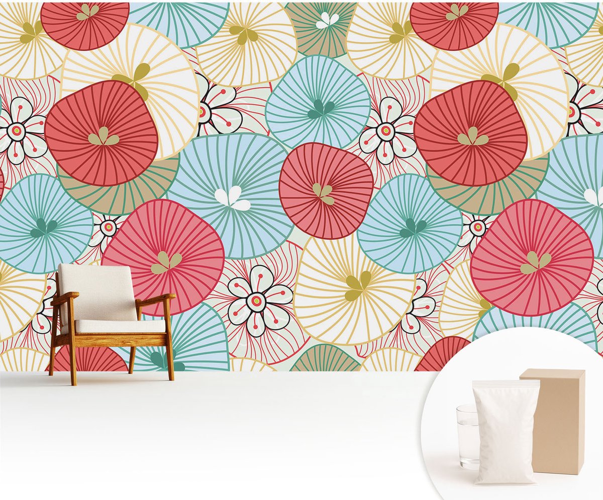Wallfluent Fotobehang - Rood Vliesbehang - 416x254 cm - Bloemenpatroon Muurschildering - Slaapkamer behang Achtergronden En Patronen - Fotobehang Vlies - Slaapkamer behang