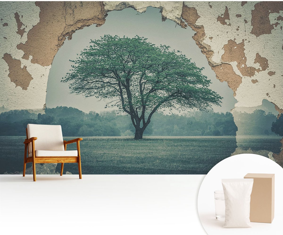 Wallfluent Fotobehang - Grijs Vliesbehang - 416x254 cm - Een Eenzame Boom Muurschildering - Gang behang Landschappen - Fotobehang Vlies - Slaapkamer behang