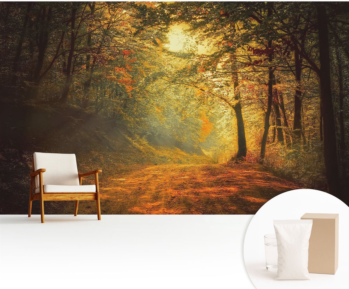 Wallfluent Fotobehang - Geel Vliesbehang - 416x254 cm - Herfstlandschap Muurschildering - Slaapkamer behang Landschappen - Fotobehang Vlies - Slaapkamer behang