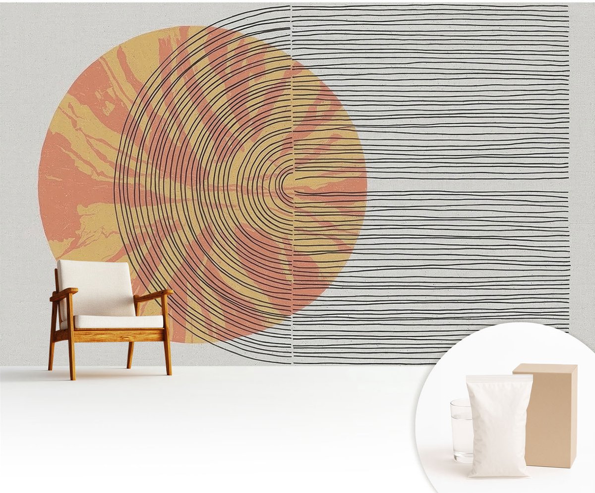 Wallfluent Fotobehang - Grijs Vliesbehang - 416x254 cm - Cirkel Met Lijnen Muurschildering - Slaapkamer behang Abstractie - Fotobehang Vlies - Slaapkamer behang
