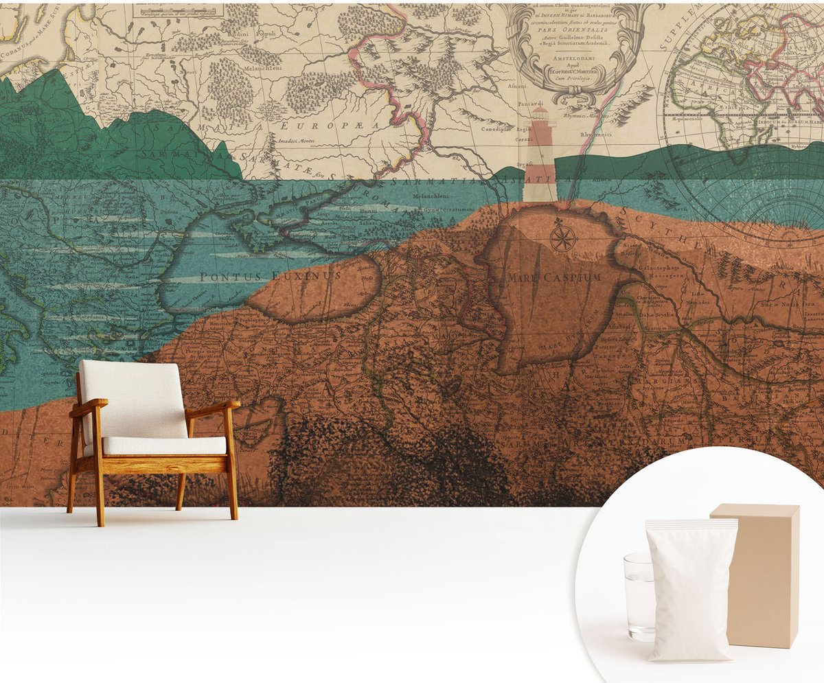 Wallfluent Fotobehang - Bruin Vliesbehang - 416x254 cm - Historische Kaart Muurschildering - Slaapkamer behang Kaarten - Fotobehang Vlies - Gang behang