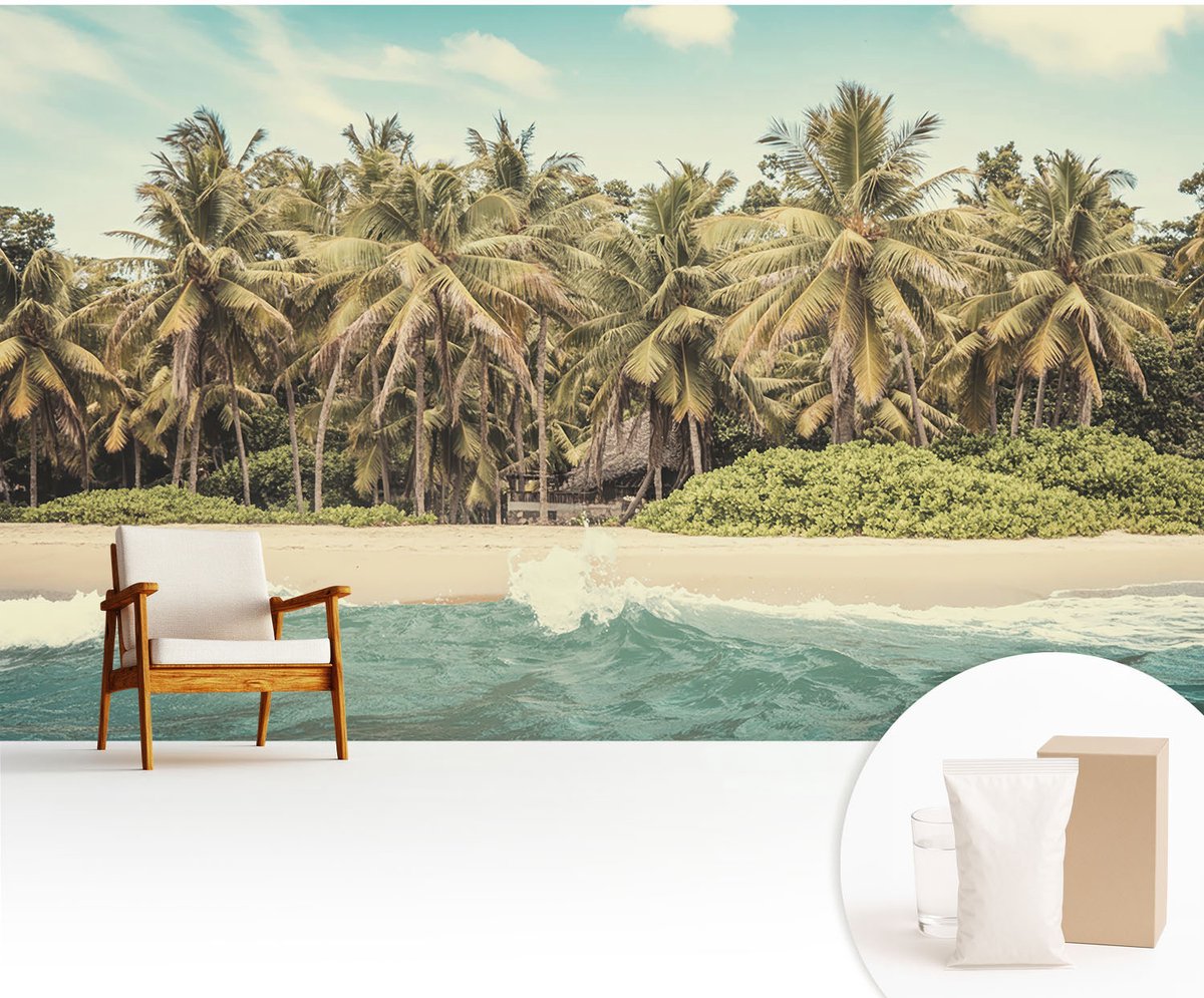 Wallfluent Fotobehang - Groente Vliesbehang - 416x254 cm - Tropisch Strand Muurschildering - Slaapkamer behang Landschappen - Fotobehang Vlies - Gang behang