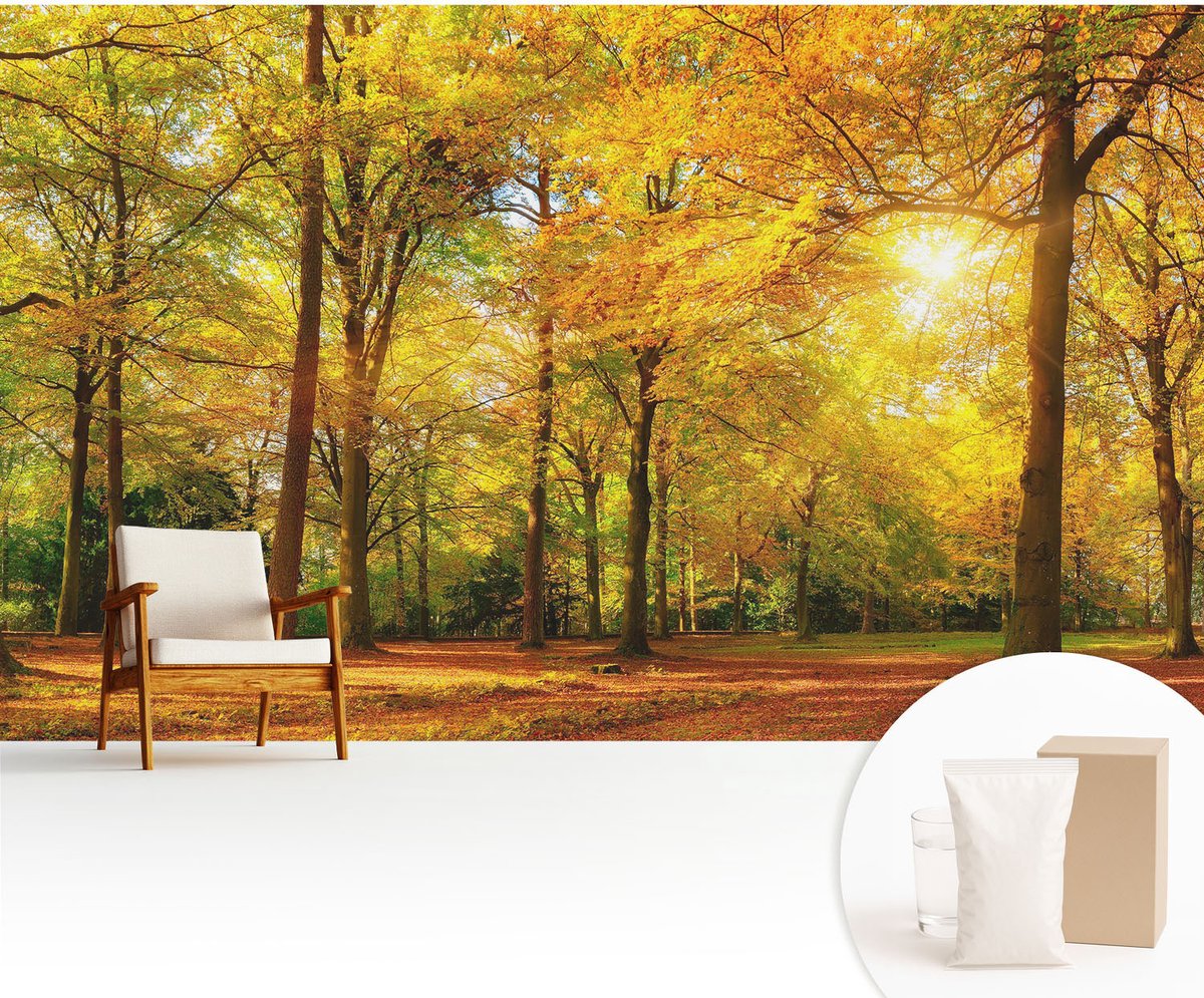 Wallfluent Fotobehang - Geel Vliesbehang - 416x254 cm - Gouden Bladeren Fotobehang Vlies - Woonkamer behang Landschappen - Muurschildering - Hal behang