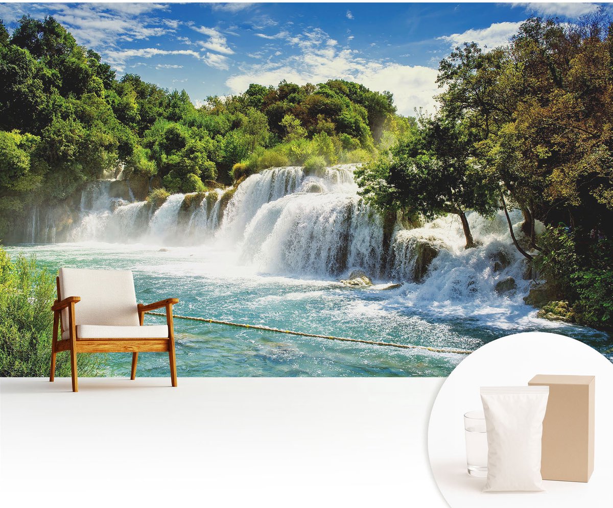 Wallfluent Fotobehang - Groente Vliesbehang - 416x254 cm - Een Prachtige Waterval Fotobehang Vlies - Hal behang Landschappen - Muurschildering - Woonkamer behang