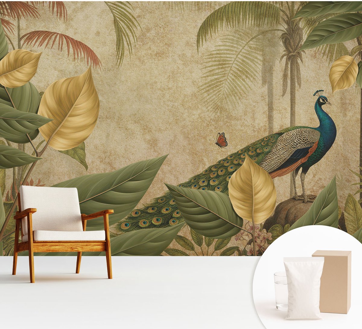 Wallfluent Fotobehang - Grijs Vliesbehang - 312x219 cm - Exotische Vogel Fotobehang Vlies - Woonkamer behang Bloemen En Planten - Muurschildering - Woonkamer behang