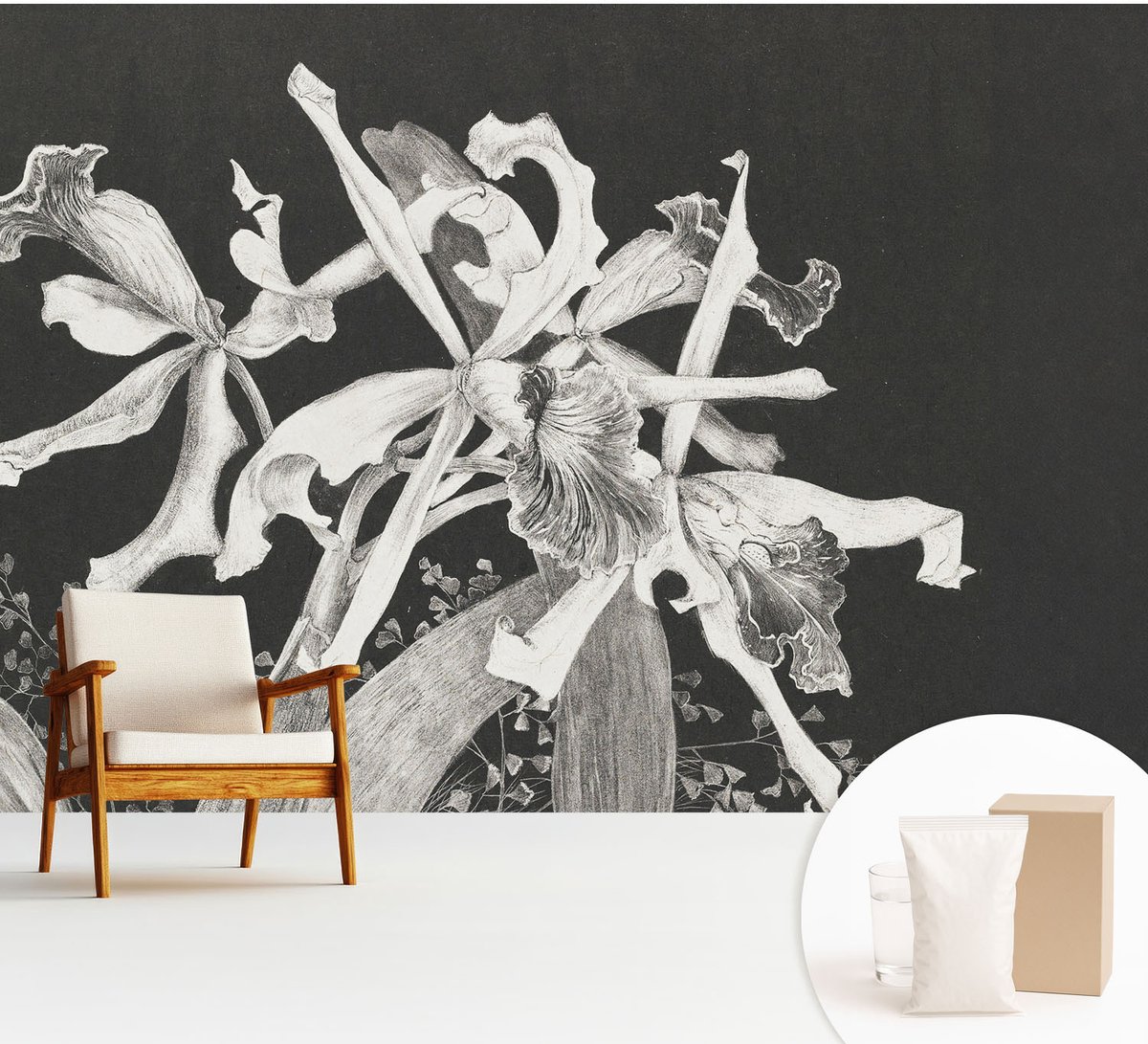 Wallfluent Fotobehang - Zwart Vliesbehang - 312x219 cm - Orchidee Illustratie Muurschildering - Slaapkamer behang Bloemen En Planten - Fotobehang Vlies - Slaapkamer behang