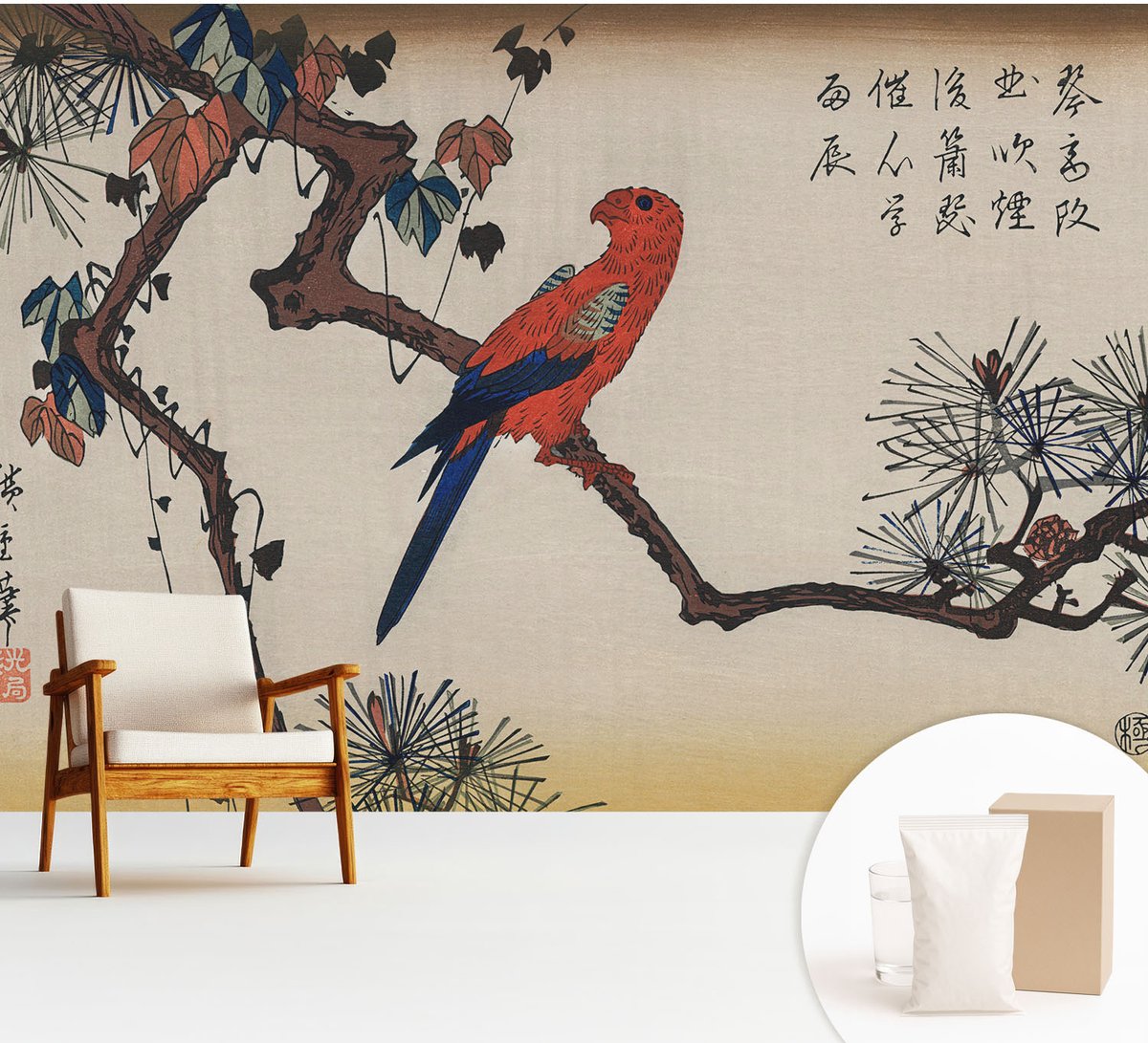 Wallfluent Fotobehang - Beige Vliesbehang - 312x219 cm - Een Vogel Op Een Tak Muurschildering - Slaapkamer behang Dieren - Fotobehang Vlies - Slaapkamer behang