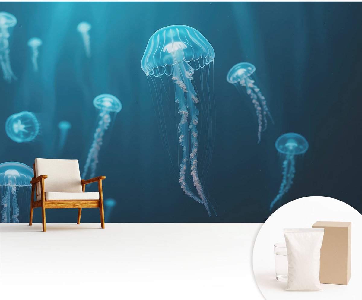 Wallfluent Fotobehang - Blauw Vliesbehang - 416x254 cm - Maritieme Elegantie Fotobehang Vlies - Woonkamer behang Dieren - Muurschildering - Woonkamer behang