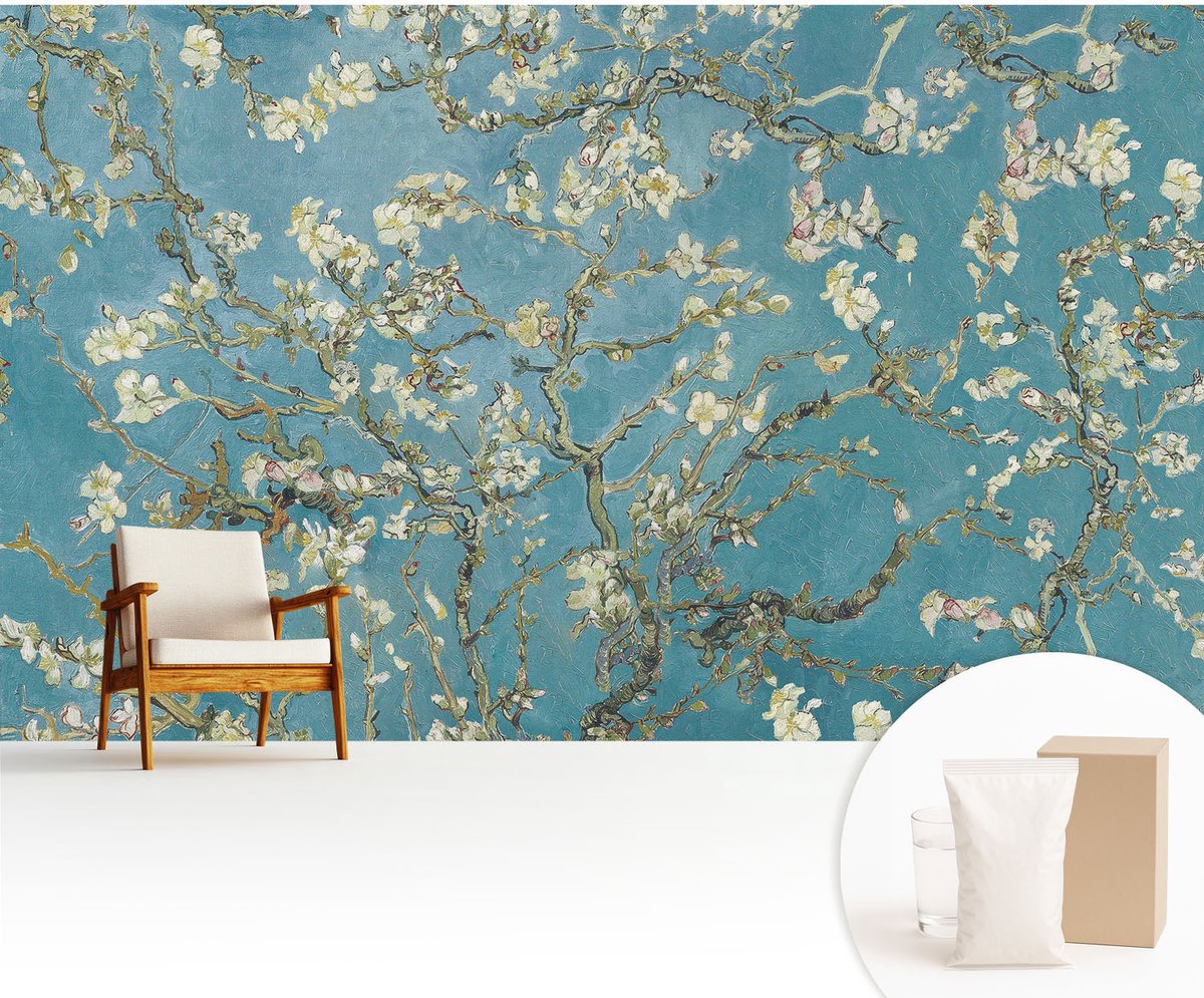 Wallfluent Fotobehang - Blauw Vliesbehang - 416x254 cm - Bloeiende Takken Fotobehang Vlies - Hal behang Bloemen En Planten - Muurschildering - Woonkamer behang