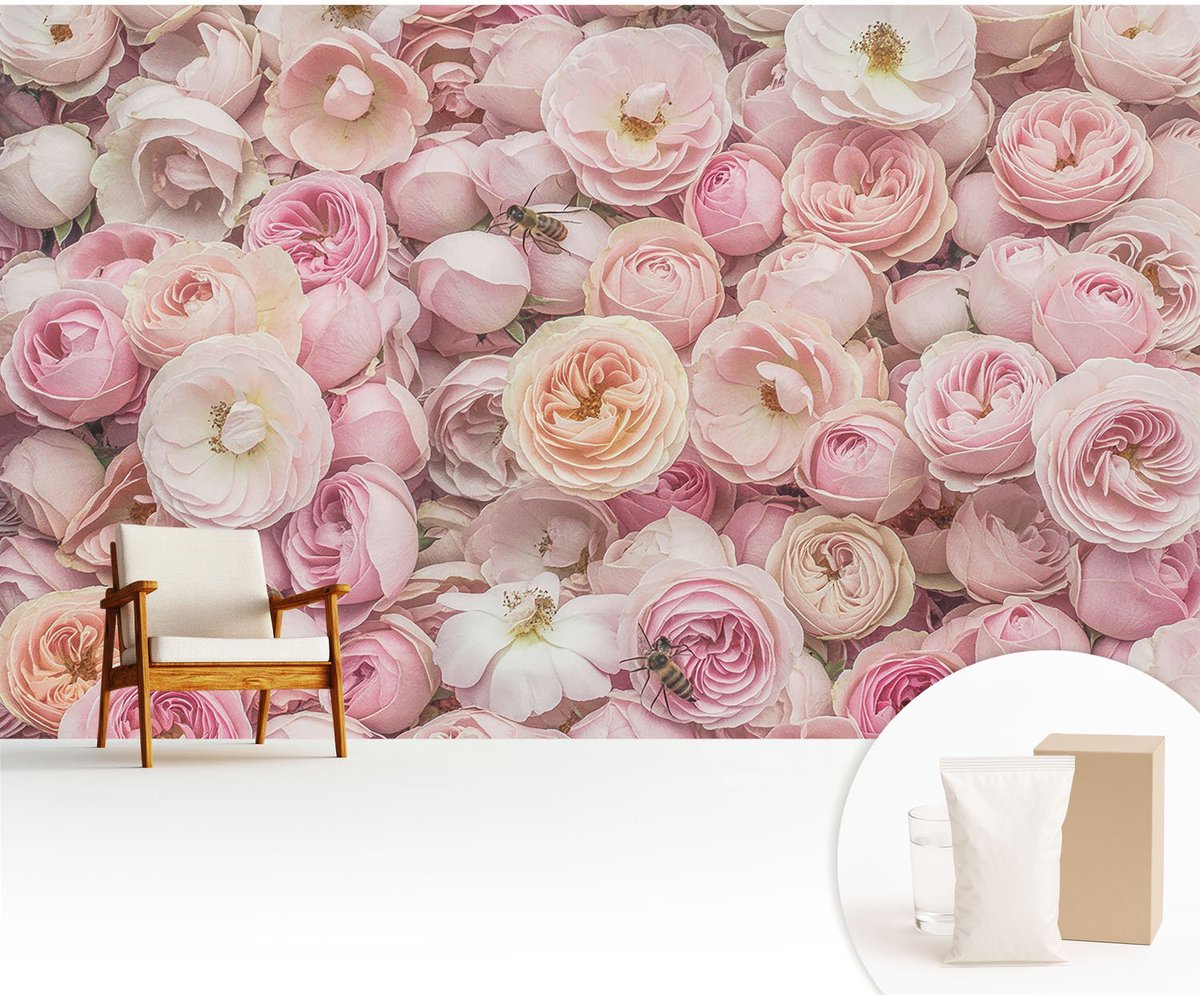 Wallfluent Fotobehang - Roze Vliesbehang - 416x254 cm - Prachtige Bloemen Muurschildering - Gang behang Bloemen En Planten - Fotobehang Vlies - Slaapkamer behang