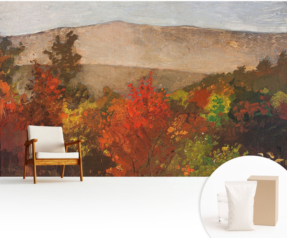 Wallfluent Fotobehang - Rood Vliesbehang - 416x254 cm - Herfstpanorama Muurschildering - Gang behang Landschappen - Fotobehang Vlies - Gang behang