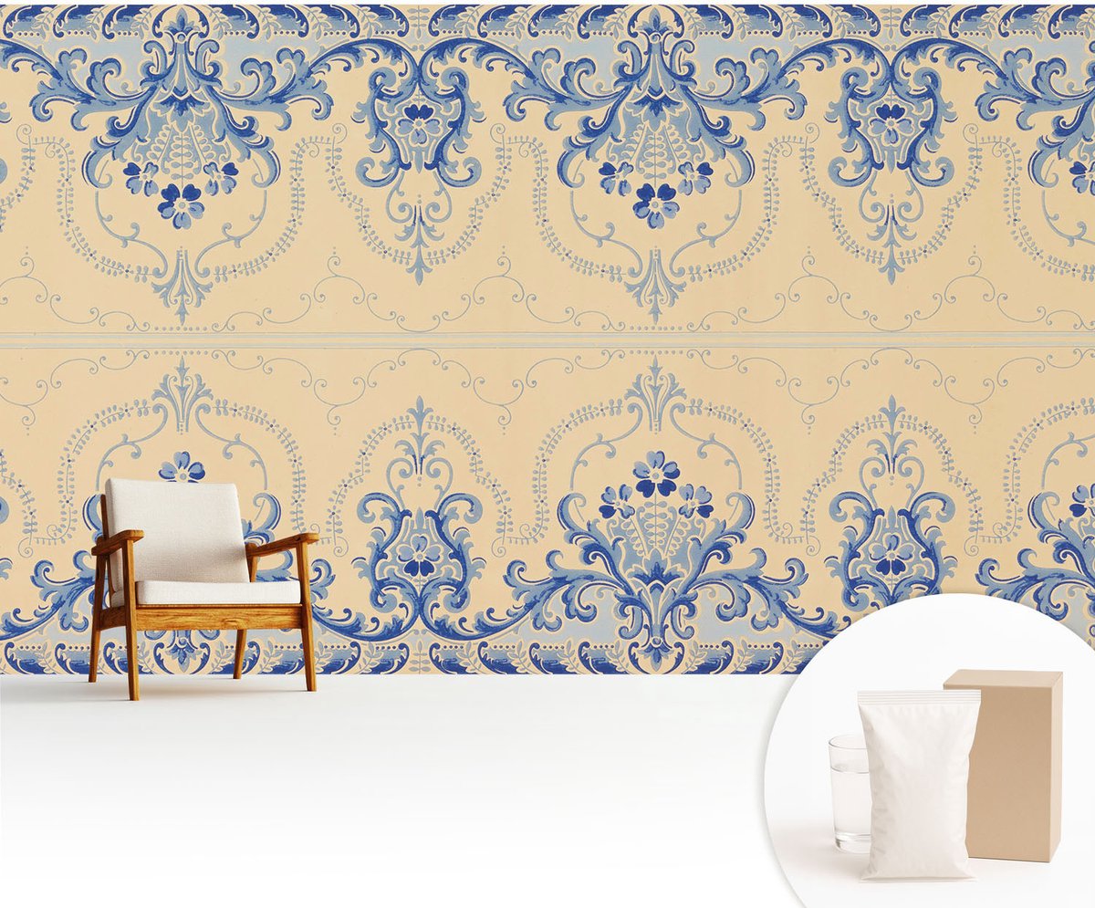 Wallfluent Fotobehang - Beige Vliesbehang - 416x254 cm - Blauwe Ornamenten Fotobehang Vlies - Hal behang Achtergronden En Patronen - Muurschildering - Woonkamer behang