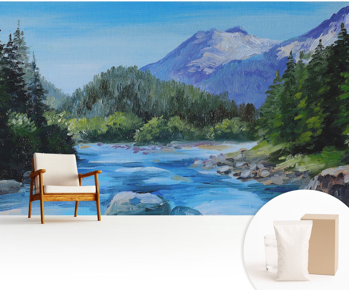Wallfluent Fotobehang - Blauw Vliesbehang - 416x254 cm - Berglandschap Fotobehang Vlies - Hal behang Landschappen - Muurschildering - Hal behang
