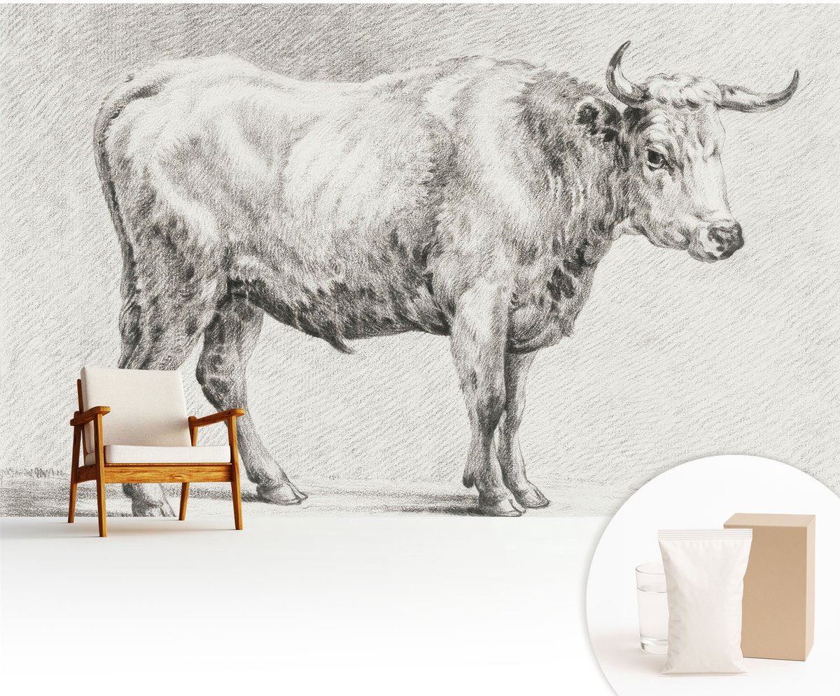 Wallfluent Fotobehang - Grijs Vliesbehang - 416x254 cm - Stierpotlood Fotobehang Vlies - Hal behang Dieren - Muurschildering - Hal behang