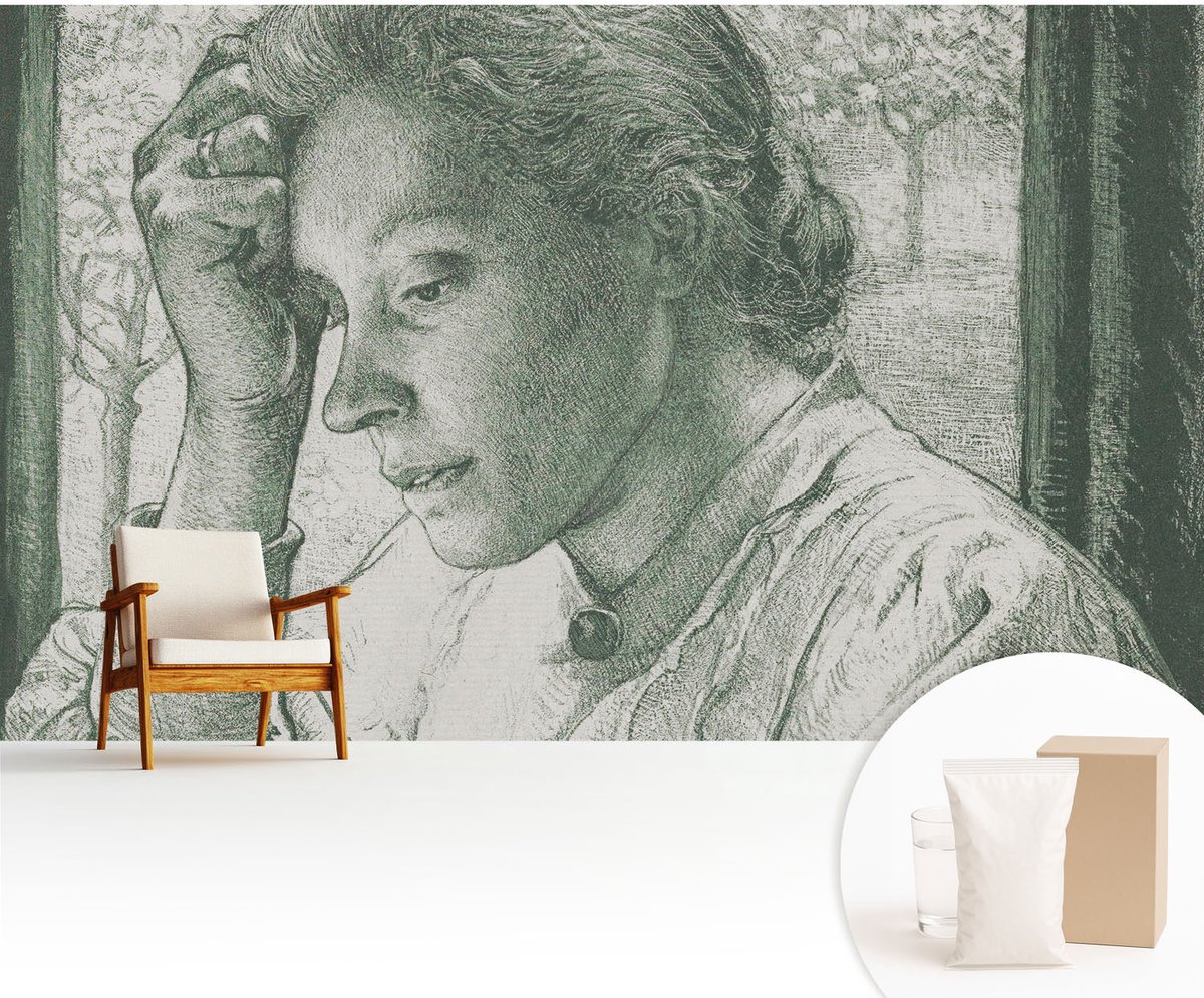 Wallfluent Fotobehang - Grijs Vliesbehang - 416x254 cm - Reflecterende Vrouw Fotobehang Vlies - Hal behang Mensen - Muurschildering - Woonkamer behang