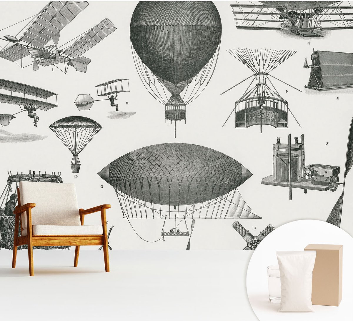 Wallfluent Fotobehang - Zwart Vliesbehang - 312x219 cm - Geschiedenis Van De Luchtvaart Muurschildering - Slaapkamer behang Deel - Fotobehang Vlies - Slaapkamer behang