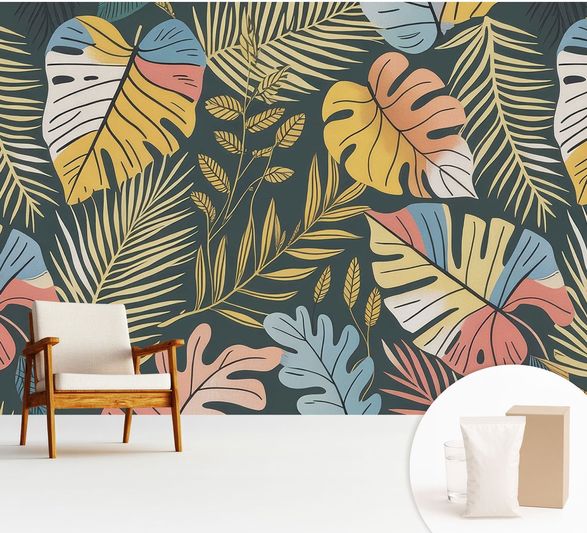 Wallfluent Fotobehang - Geel Vliesbehang - 312x219 cm - Tropische Energie Fotobehang Vlies - Hal behang Bloemen En Planten - Muurschildering - Woonkamer behang