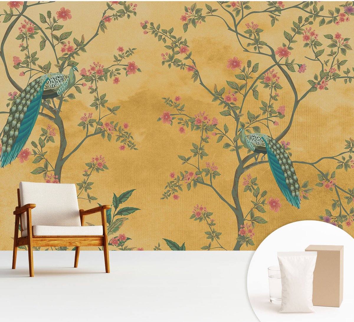 Wallfluent Fotobehang - Geel Vliesbehang - 312x219 cm - Pauwenbomen Muurschildering - Slaapkamer behang Bloemen En Planten - Fotobehang Vlies - Gang behang