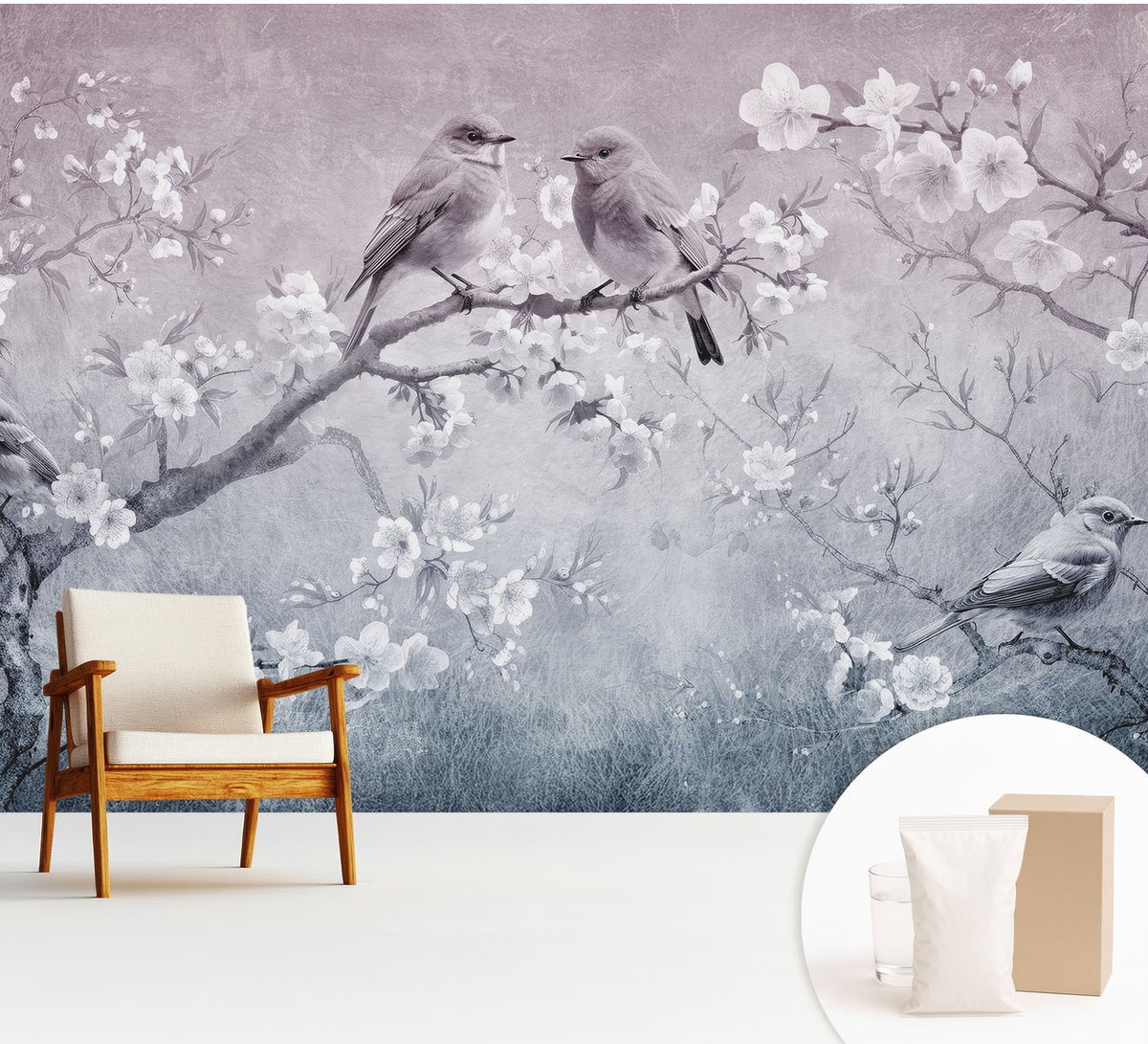 Wallfluent Fotobehang - Grijs Vliesbehang - 312x219 cm - Subtiele Natuur Fotobehang Vlies - Woonkamer behang Bloemen En Planten - Muurschildering - Woonkamer behang