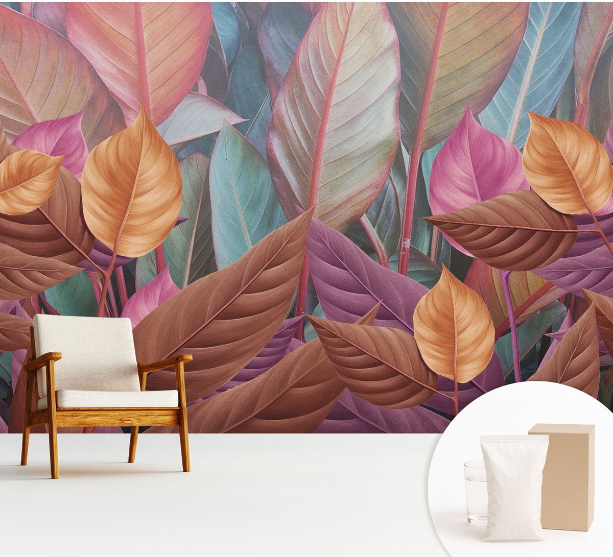 Wallfluent Fotobehang - Bruin Vliesbehang - 312x219 cm - Kleurrijke Bladeren Muurschildering - Slaapkamer behang Bloemen En Planten - Fotobehang Vlies - Slaapkamer behang