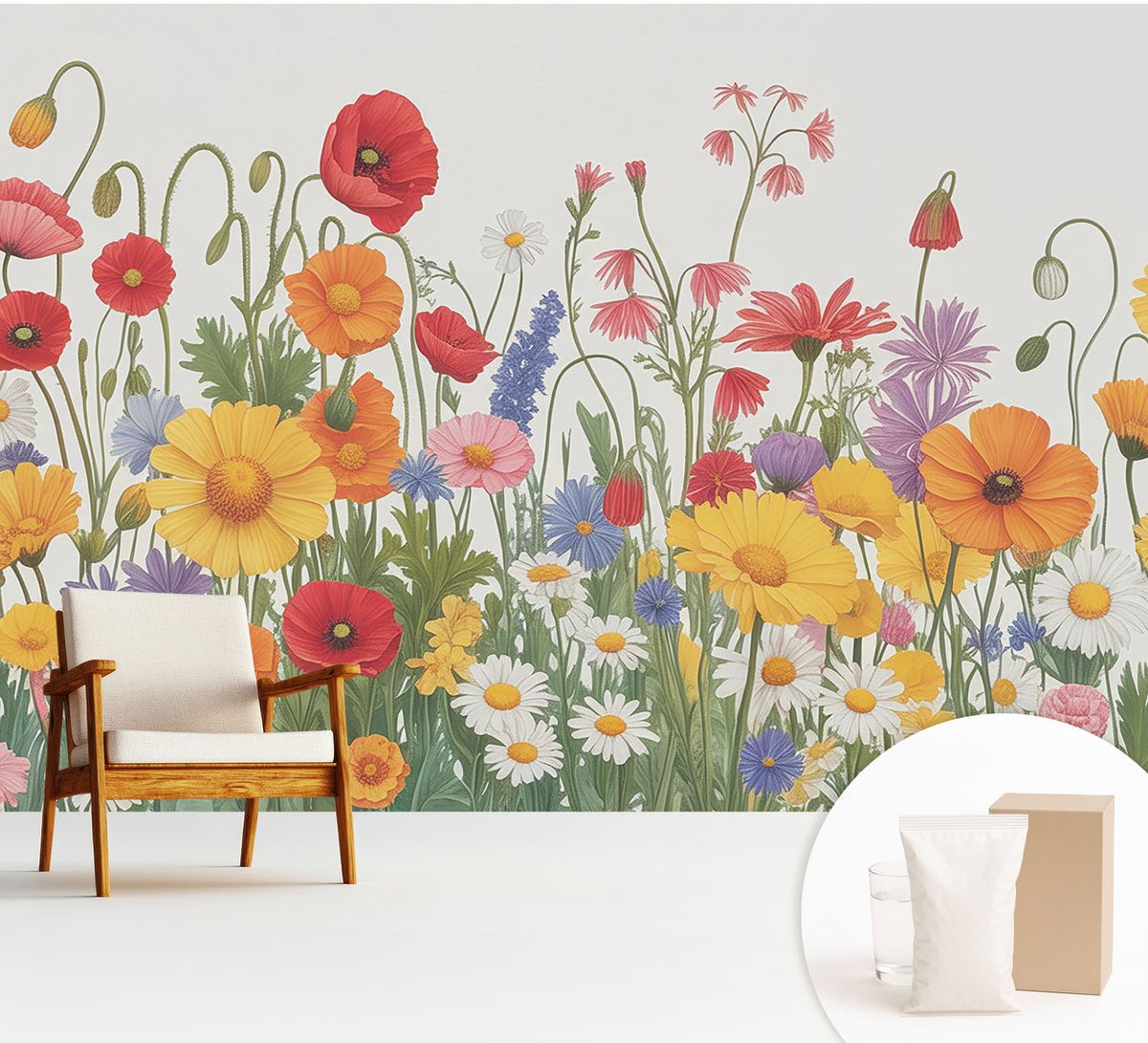 Wallfluent Fotobehang - Geel Vliesbehang - 312x219 cm - Bloemenweide Fotobehang Vlies - Woonkamer behang Bloemen En Planten - Muurschildering - Hal behang
