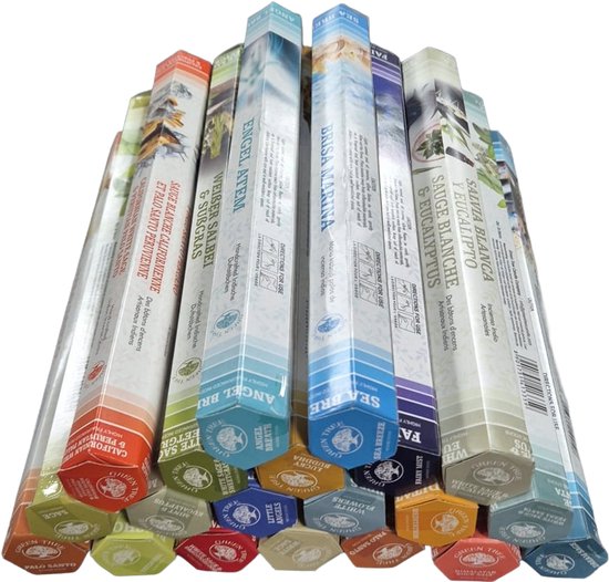 Een reeks verpakte wierookstokjes van Green Tree met labels in verschillende kleuren en talen, waaronder 'Angel Breath' en 'White Sage'.