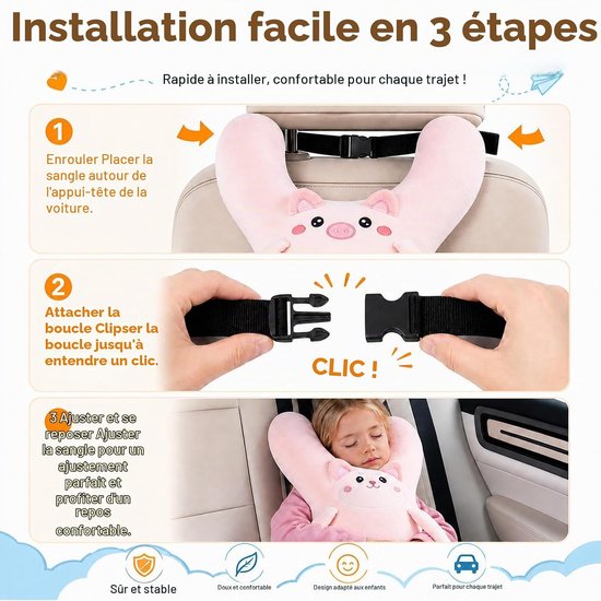 Kinderautoslaapkussen - Autokussen voor kinderen -Autostoelkussen - Hoofdsteun voor in de auto - Kinderkussen - Slaapkussen - H-vormig nekkussen voor op reis - Reiskussen - voor auto- en vliegtuigreizen - roze — afbeelding 3