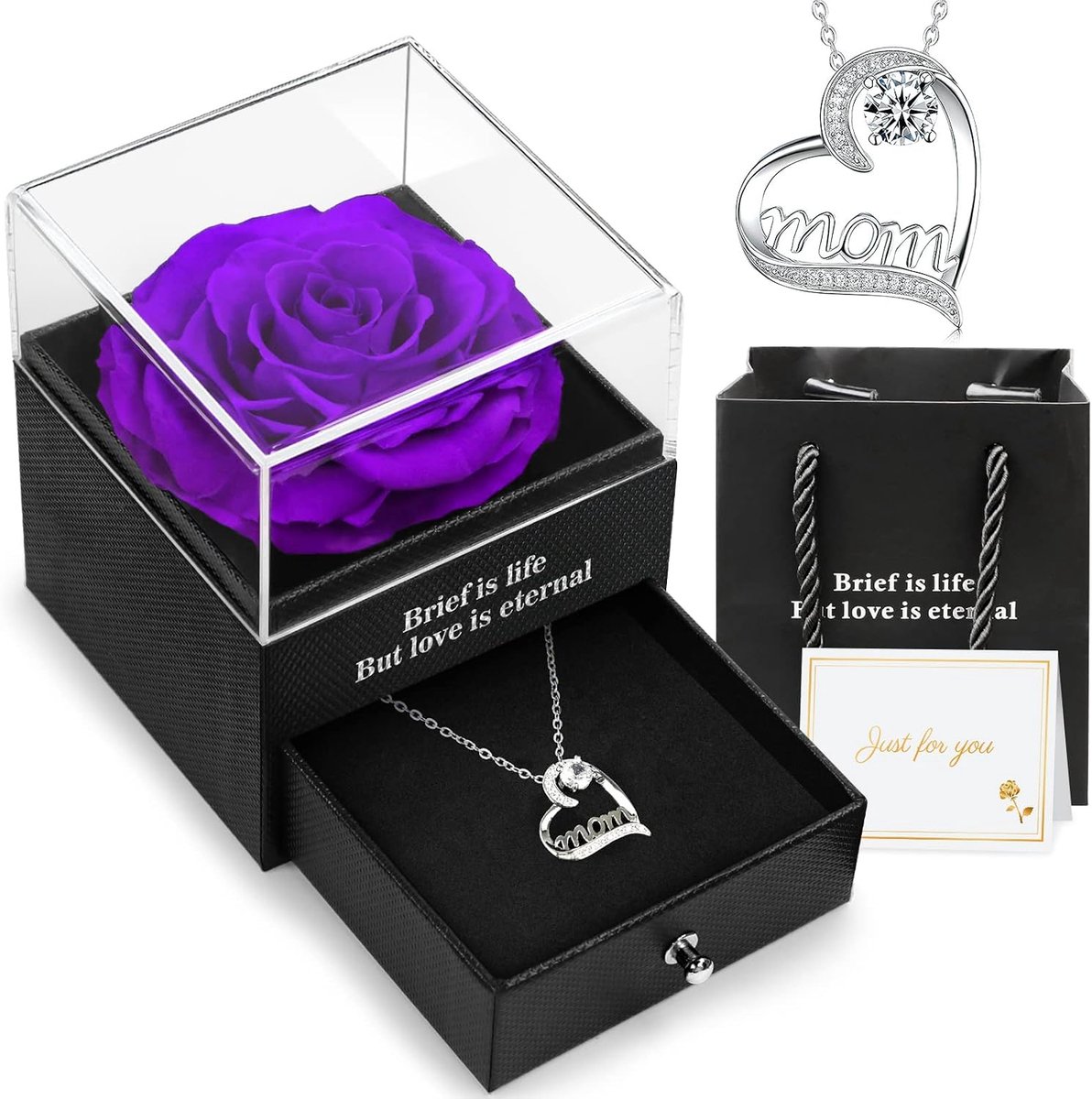 SnelShoppen - Moederdag Cadeau voor Mama, Eeuwige Roos met 'Mommy' Ketting, Geconserveerde Roos, Altijd Bloem, Verjaardagscadeau voor Moeder