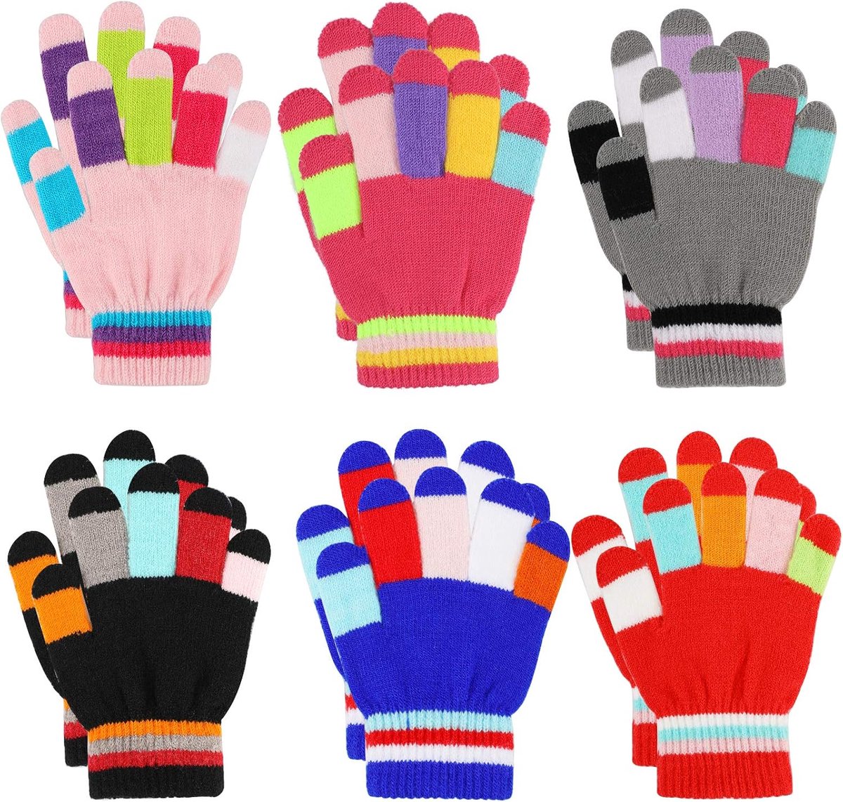 Handschoenen, vingerhandschoenen, gebreide gestreepte handschoenen voor meisjes en jongens, 5-10 jaar oud, skihandschoenen, fietshandschoenen, 6 paar