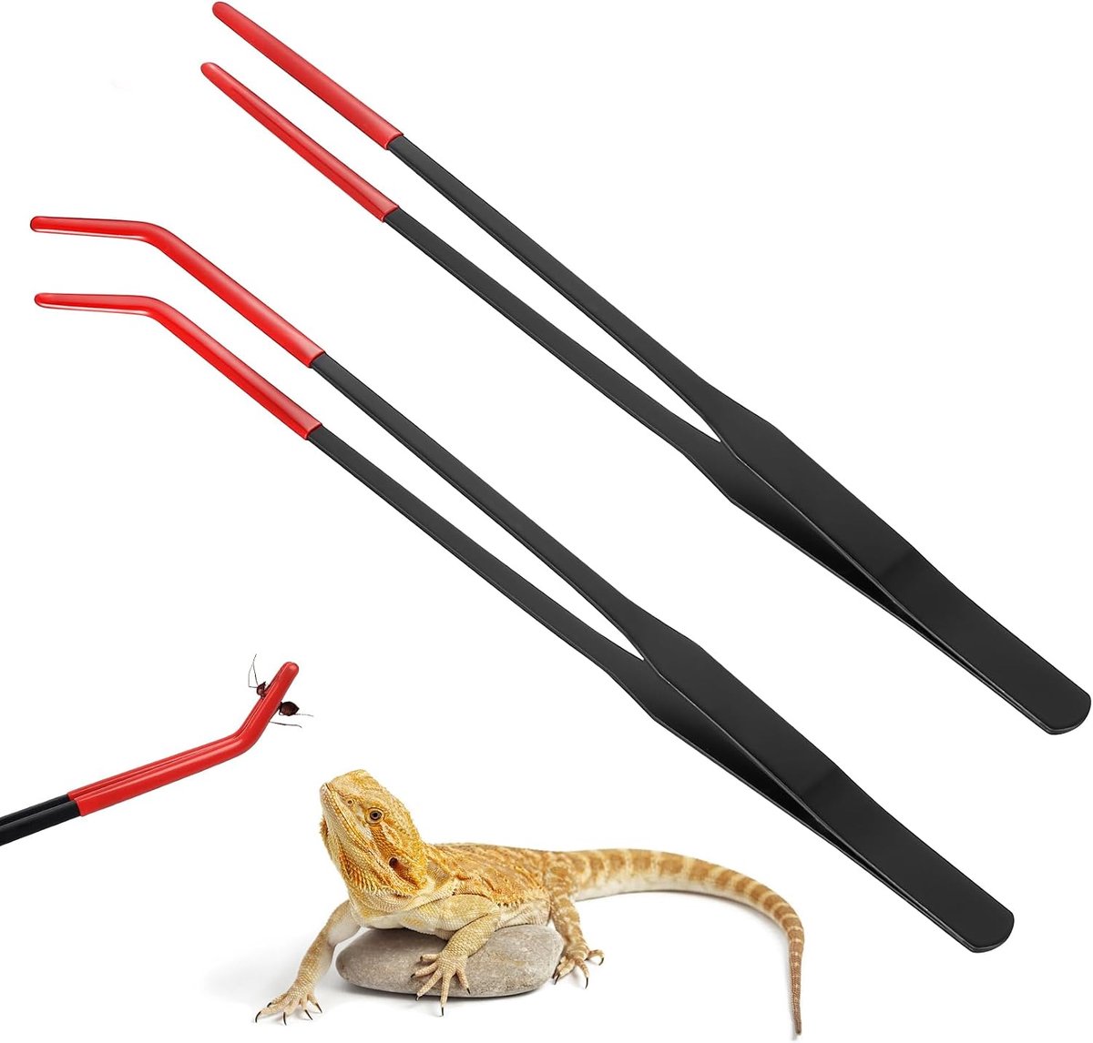 2 stuks reptielen voedingstang, roestvrij staal rechte en gebogen pincet voor grijpen, aquarium pincet met rubberen tips, reptielentang voor aquarium terrarium accessoires gereedschap