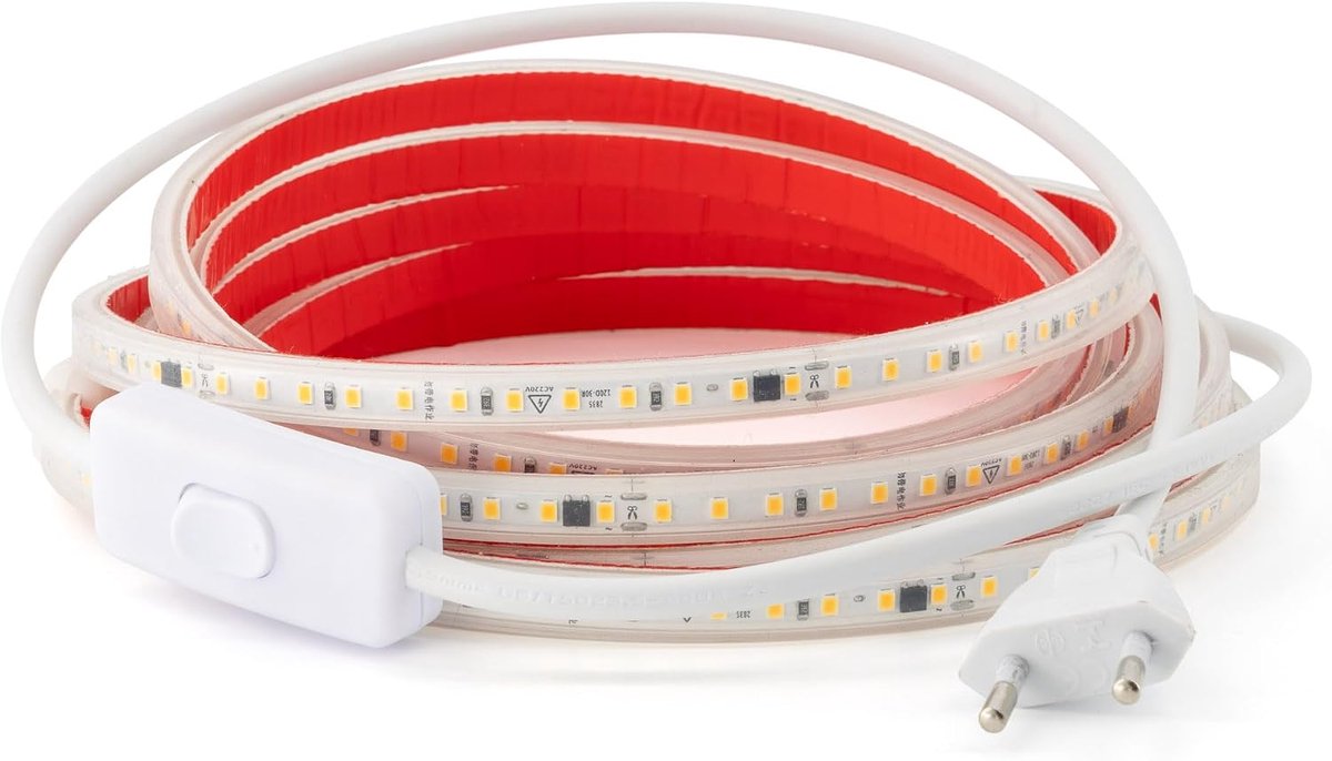 220V 2835 120 LED/m HOGE HELDERHEID, Zelfklevend met SCHAKELAAR. WATERDICHT Koud/Neutraal/Warm Wit Waterproof IP67 strip (Warm Wit, 1M)