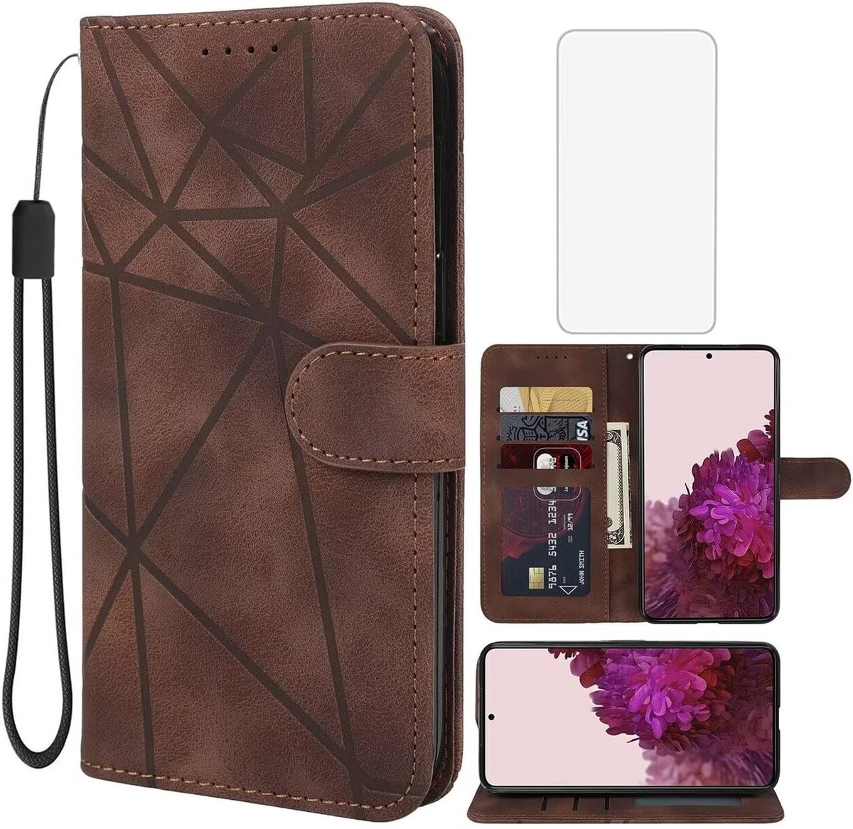 Cover voor Galaxy S22 Plus Case, voor Samsung S22+ 5G SM-S906U Screen Protector Schermbeschermer, Lederen Flip Wallet Case Hoesje voor Samsung Galaxy S22+ bruin