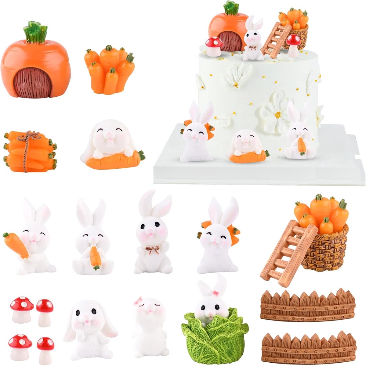 20 Stuks Schattig Konijn Mini Figuur Verjaardagstaart Toppers Decoratie Fee Tuin Mini Beeldje Gelukkig Konijn Verjaardag Taart Voor Kinderen Doe-het-zelf
